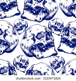 Vector image of human skull. Halloween sketch. Seamless pattern