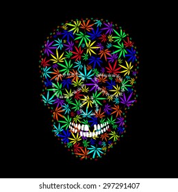 Vector image of Human Skull and Marijuana leaves in abstract art style, done in a slightly psychedelic manner