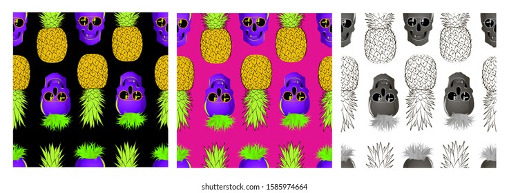 Vector image of a human skull and pineapple on different backgrounds. Prints for textiles and wrapping paper.