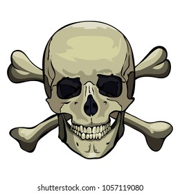 Vector image of a human skull with two crossbones in the background. 
The illustration is printed on three layers: contour, light shadow, color. 
Light and shadow are made with the help of transparenc