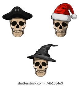 Vector image of human skulls in caps