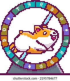 Vector image of hundreds of pixels and colors forming a hamster surrounded by crypto currency
