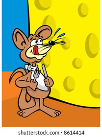 vector image of a hungry mouse wearing a bib and holding a knife and fork as he stands next to a huge block of cheese