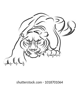The vector image of the hunting tiger. Black tribal tattoo. New Minimalism. A vector illustration.