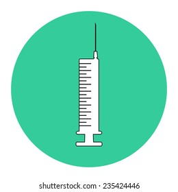 Vector image of a hypodermic syringe on green background.