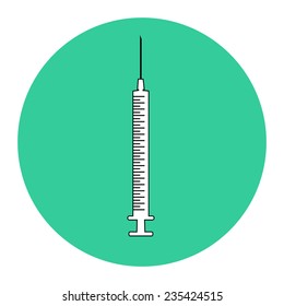 Vector image of a hypodermic syringe on green background.
