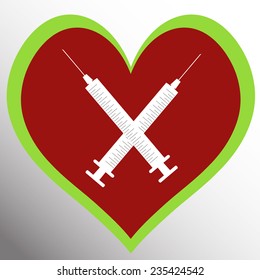 Vector image of a hypodermic syringe on red background.