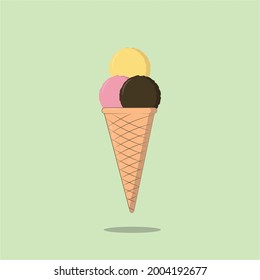 Vector image of an ice cream cone with delicious balls of chocolate, strawberry, lemon ice cream flies on a monochrome background