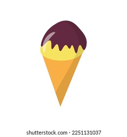 Vector image of an ice cream cone in chocolate icing in flat style