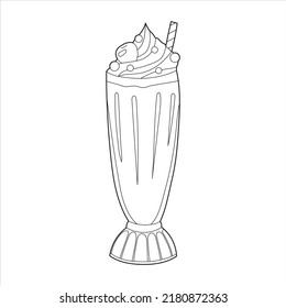 Vector image of ice cream in a dessert cup with a straw on a white background. Coloring.