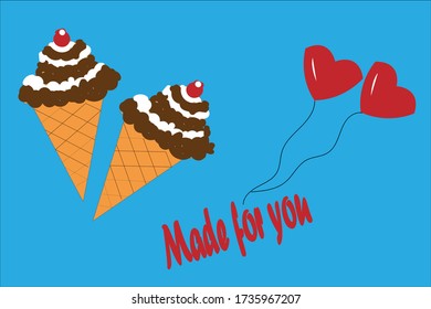 Vector image of an ice cream and love balloons. Food and illustration.
