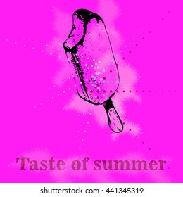 Vector image of ice cream popsicle with registration of the points and the phrase taste of summer on a crimson background.