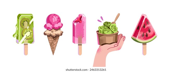 A vector image of an ice cream. Summer stickers, frozen kiwi juice, ice cream cone, popsicle, hand holding ice cream.