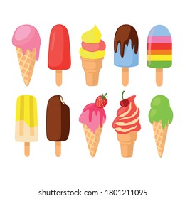 Vector image with ice cream in waffle cones and on a stick, isolated from the background.