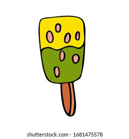 Vector image of ice cream with yellow and lemon ball and green, on a wooden stick. Cartoon style. For stickers, store design - ice cream shops, children's books and magazines.