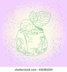 Vector image of ice cubes and mint leaves on a background of small details.