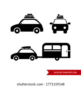 Vector image. Icon of a car with suitcases and caravan. Vacation icon.