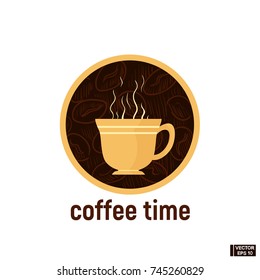 Vector image. Icon of coffee time. Mug of hot coffee 