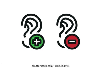 Vector image. Icon of an ear with plus and minus symbol. Image of more or less volume.