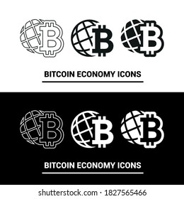 Imagen vectorial. Icono de la moneda electrónica bitcoin en el mundo. Símbolo de moneda y planeta.