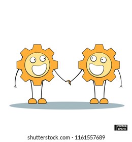 Vector image. Icon emoji on the theme technology. Cartoon funny gear - happy and smiling. Friends, holding hands.