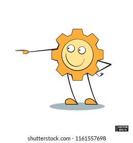 Vector image. Icon emoji on the theme technology. Cartoon funny gear - pleased, points with his finger.