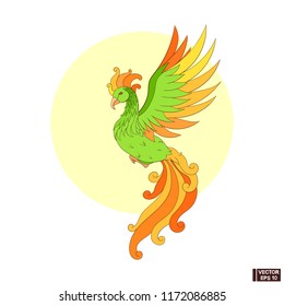 Vector image. Icon exotic bird of red and yellow color. Abstract simple bird.