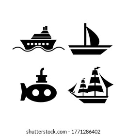 Vector image. Icon of a galleon ship, a submarine, a sailing ship and a transatlantic liner. Basic solid icon.