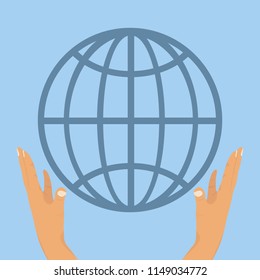Vector image of icon hands holding the earth. Save our planet. Ecology concept. Flat design, vector.