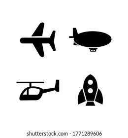 Imagen vectorial. Icono de un helicóptero, un avión, una nave espacial y un zepelín. Icono sólido básico.