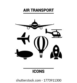 Imagen vectorial. Icono de un helicóptero, un avión, una nave espacial, un globo de aire hoy y un zepelín. Icono sólido básico.