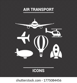 Imagen vectorial. Icono de un helicóptero, un avión, una nave espacial, un globo de aire hoy y un zepelín. Icono sólido básico.