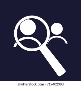 Vector image icon of man and magnifier. Magnifying glass. Vector white icon on dark blue background.