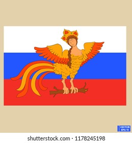 Vector image. Icon with a mythical woman syrin bird. The Gamayun bird. Against the background of the Russian flag. Russian folklore.