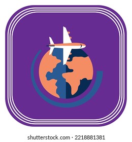 vector image icon of a plane going around the planet earth purple background