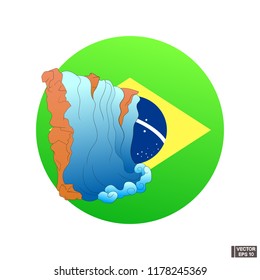 Vector image. Icon of the sights of brazil. Waterfall against the background of the Brazilian flag