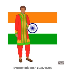 Vector image. Icon - the symbols of India. Hold in the palms of paint and spices on the background of the flag of India.