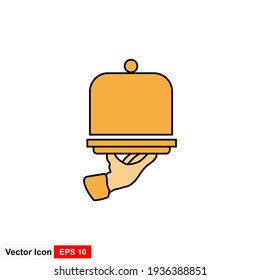 Imagen vectorial de la bandeja de iconos con tapa con mano. Signo de comida.