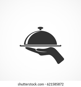 Vector image of icon tray with lid with hand.Sign of food.