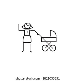 Vector image. Icon of a woman with a baby carriage. Line drawing.
