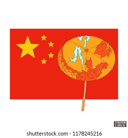 Vector image. Icon yellow chinese lantern on a red flag background.
