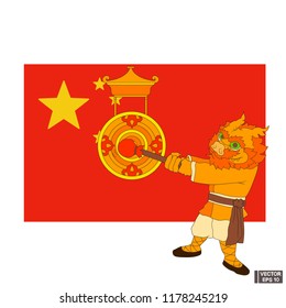 Vector image. Icon yellow chinese lantern on a red flag background.