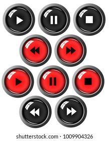 Vector image of icons, buttons for audio, video player in black and red