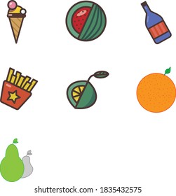 Imagen vectorial de íconos que representan comida rápida y fruta