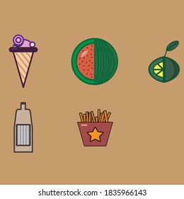 Vector image of icons depicting fast food and fruit on a brown background
