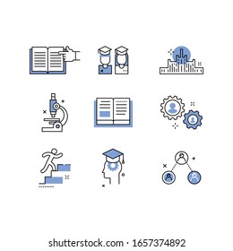 
Imagen vectorial. Iconos para el sitio web de la institución educativa. Imágenes estilizadas de estudiantes, graduados, estudiantes, libros, un microscopio. Tema científico.