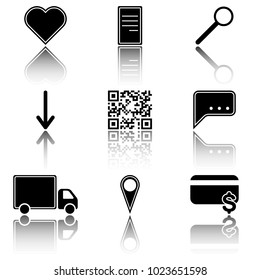 Vector image of icons of hot menu keys - favorites, payment, delivery, search with a mirror image. Flat