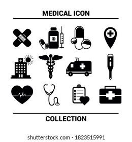 Vector image. Icons of objects of a hospital. Solid vectors.