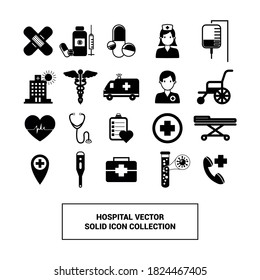 Vector image. Icons of objects of a hospital. Solid vectors.