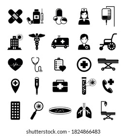 Vector image. Icons of objects of a hospital. Solid vectors.
